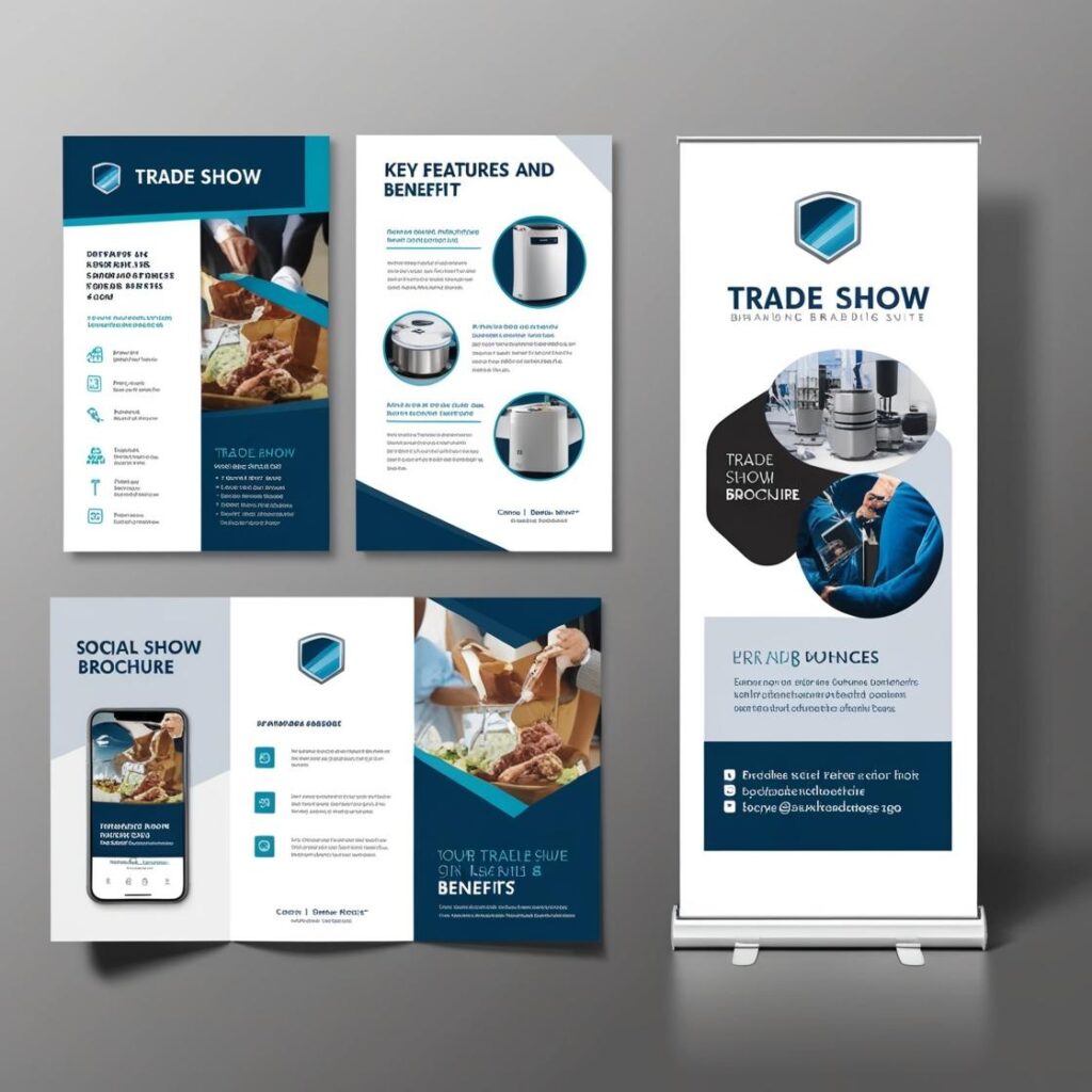 Ensemble de supports marketing pour salon professionnel, incluant un roll-up, une plaquette commerciale, une brochure et des visuels adaptés aux réseaux sociaux. Un design élégant et structuré pour renforcer l’image de marque et capter l’attention des visiteurs.