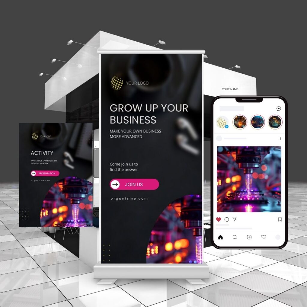 Pack marketing pour salon professionnel incluant un kakemono personnalisé, une plaquette commerciale et un visuel Instagram, mis en scène dans un espace d’exposition moderne avec des lumières high-tech et un design élégant.