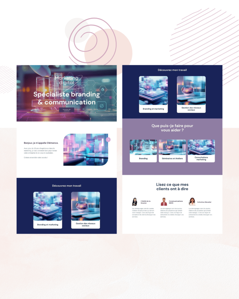 Présentation du Pack Visibilité Express avec aperçu des services en branding, réseaux sociaux, ateliers et témoignages clients, sur fond de visuels digitaux modernes.