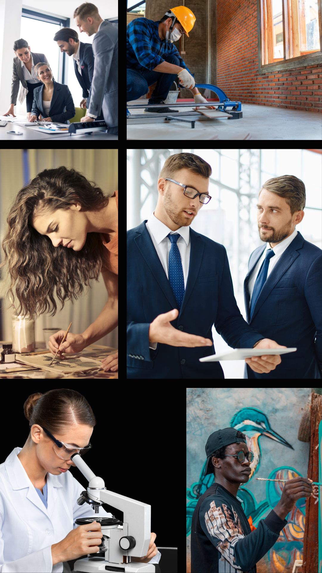 Portraits de professionnels variés – cadres, artisans, artistes, scientifiques – pour illustrer les profils accompagnés en coaching communication digitale.