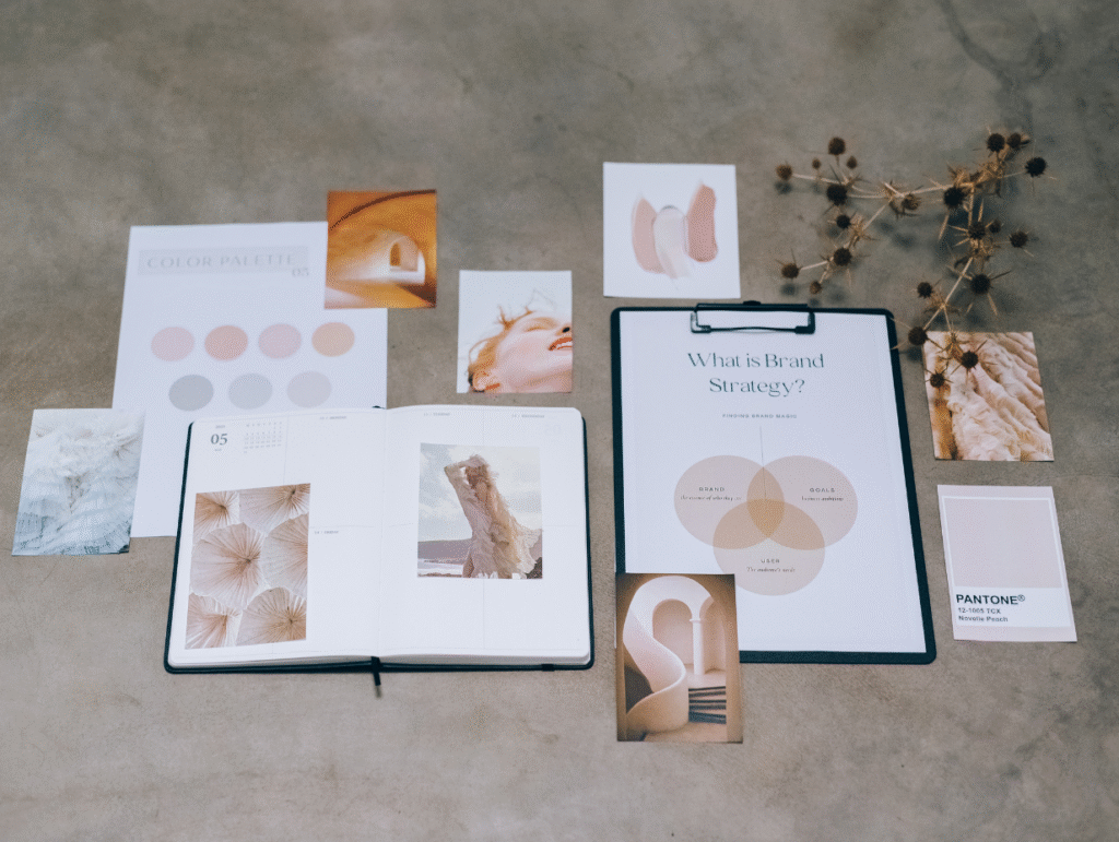 Moodboard d'identité visuelle avec nuancier Pantone, photographies inspirationnelles et stratégie de marque sur fond minimaliste