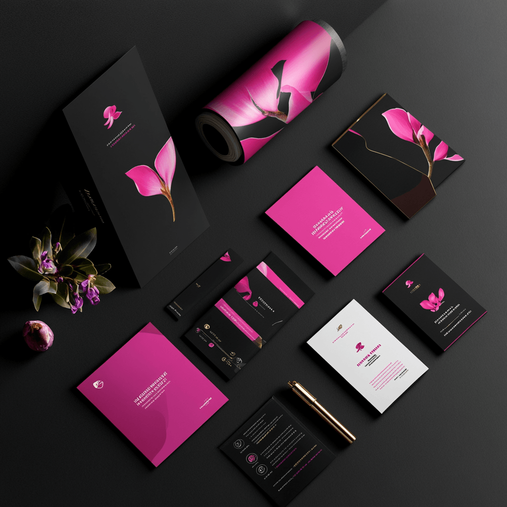 xemple de charte graphique professionnelle avec déclinaisons cohérentes : cartes de visite, brochures et supports imprimés en noir et rose.
