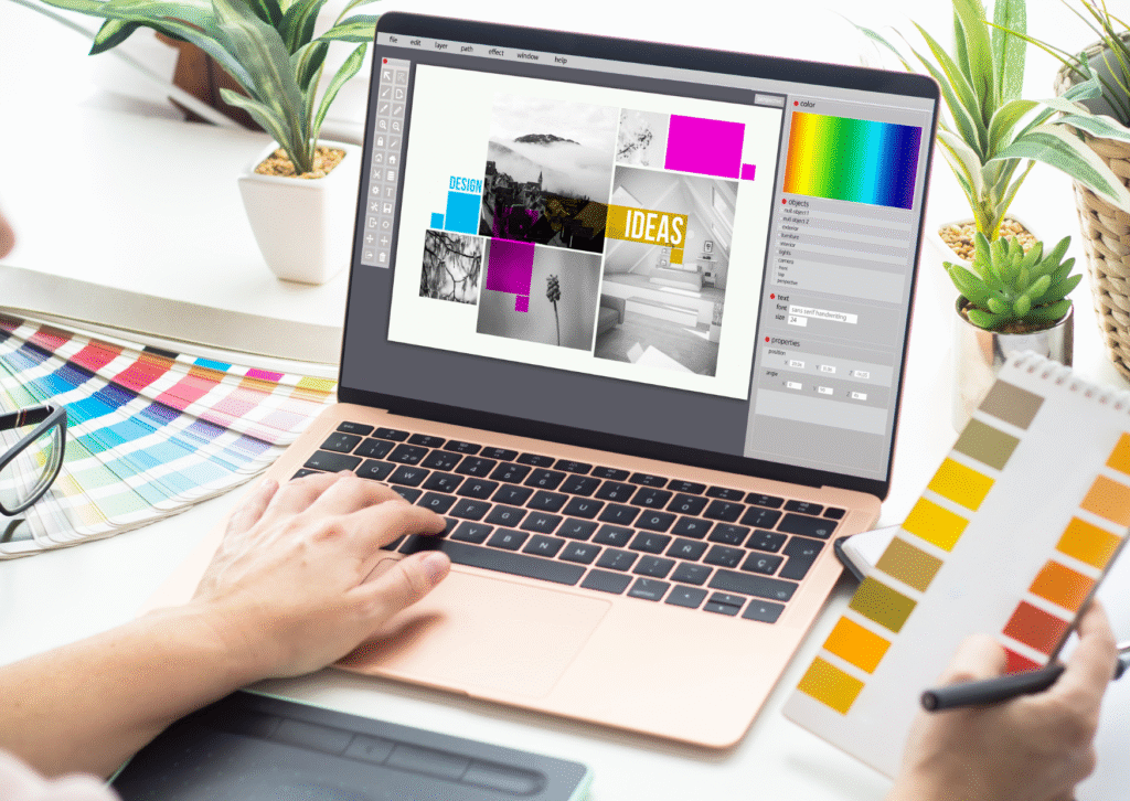Création de charte graphique professionnelle avec palette de couleurs, iconographie et lignes directrices pour supports print et digital.
