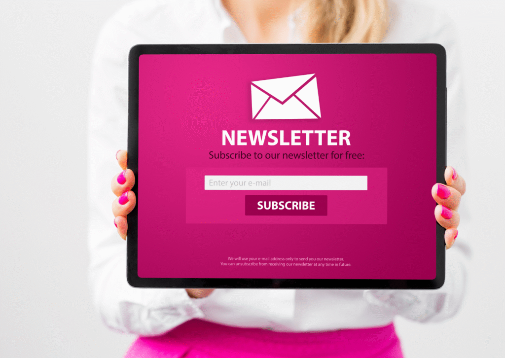 emme tenant une tablette affichant un formulaire d’inscription à une newsletter, symbolisant les campagnes emailing professionnelles de Strategycom.