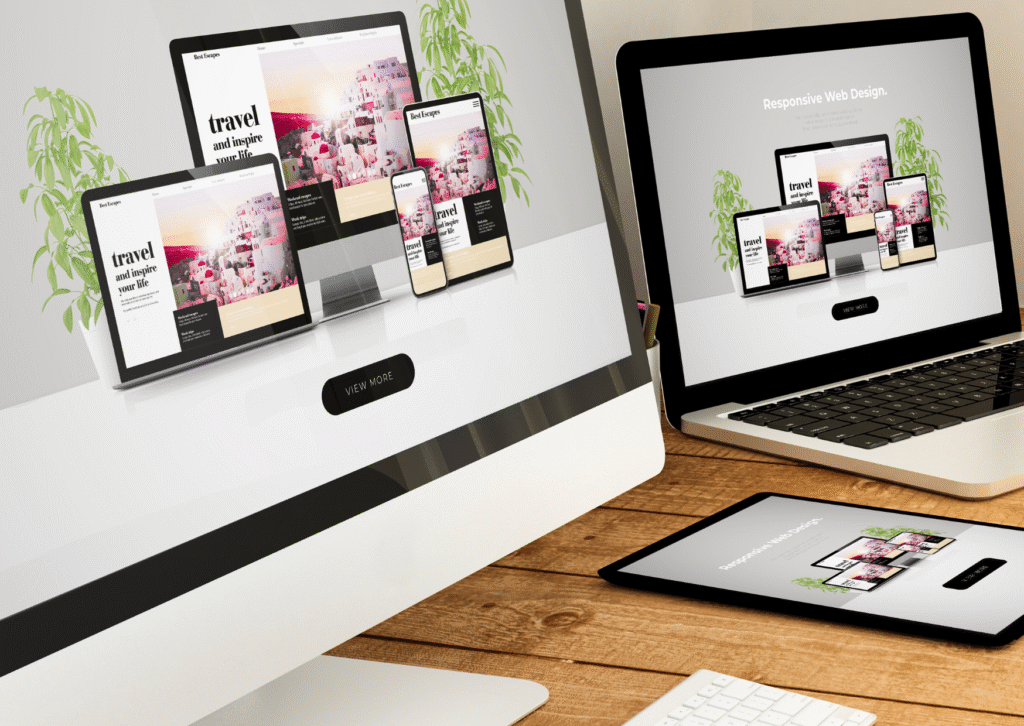 Site web vitrine professionnel et responsive affiché sur ordinateur, tablette et smartphone — design moderne pour entreprises et indépendants.