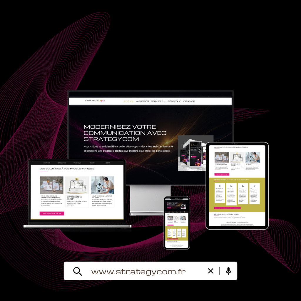 Mockup multi-devices du site Strategycom — création de sites web modernes, responsive et performants (ordinateur, tablette, smartphone).