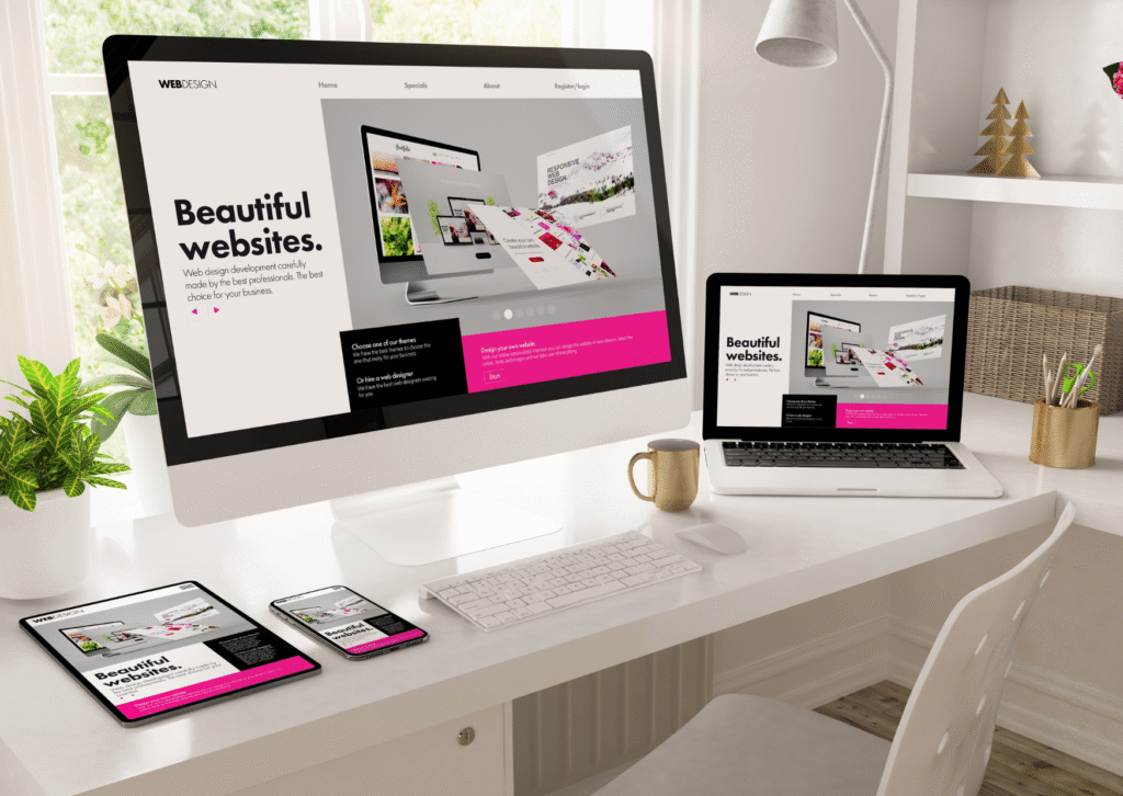 Conception de landing page professionnelle, responsive et optimisée SEO — illustration multi-devices avec site web moderne sur ordinateur, tablette et smartphone.