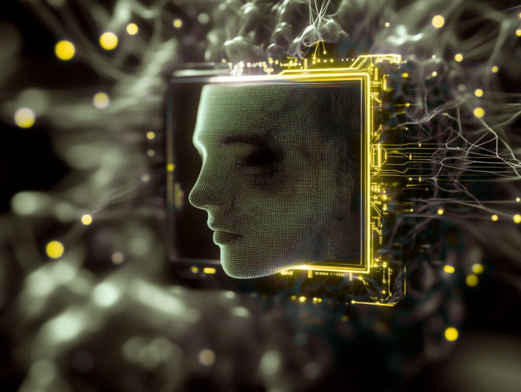 IA en support Strategycom – illustration futuriste d’un visage numérique connecté symbolisant l’intelligence artificielle au service de la communication et du marketing.