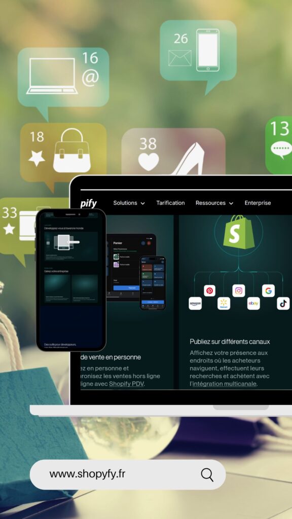 Illustration d’une boutique Shopify personnalisée avec intégration multicanal (Amazon, Instagram, Pinterest, eBay, TikTok) et affichage sur ordinateur et mobile.