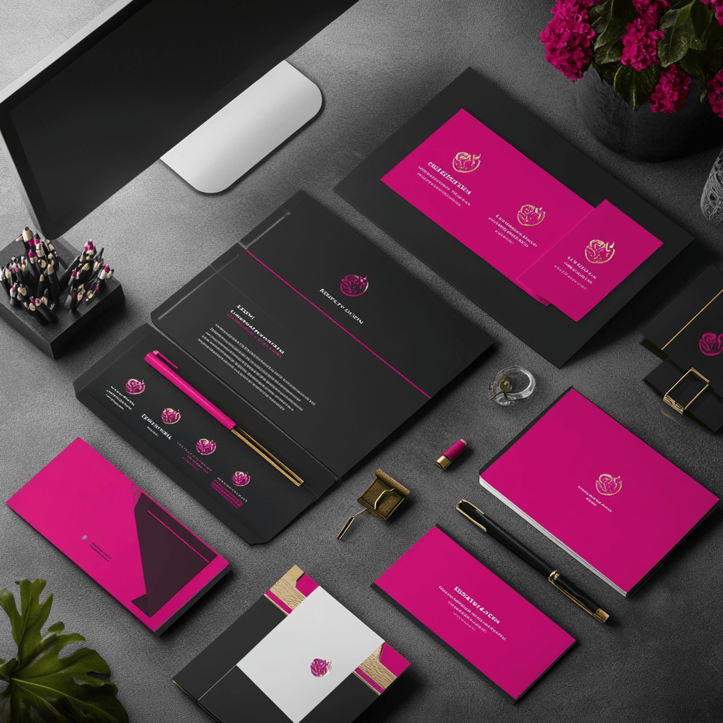 Ensemble de supports d’identité visuelle haut de gamme en noir et fuchsia : cartes de visite, dossier de présentation et papeterie professionnelle utilisés pour illustrer les services de branding Strategycom à Aubagne.